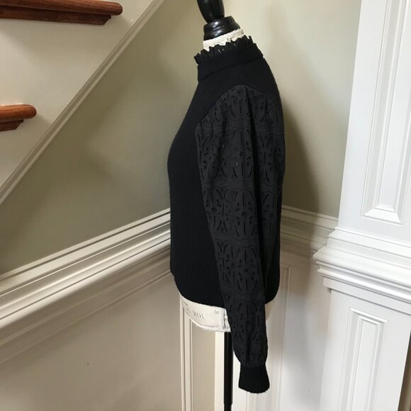 Sea NY Iris Eyelet Sweater Womens Medium Black Long Sleeve Wool Cotton Mock Neck - Picture 9 of 13